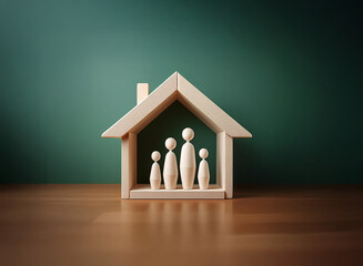 Wall Mural - Wooden family figures stand inside a simple house model against a dark green background.  The scene symbolizes family, home, and togetherness.