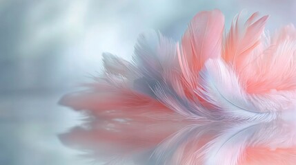 Wall Mural - A feathered headband in soft pastel hues resting on a reflective glass surface, with a blurred, minimalist background.