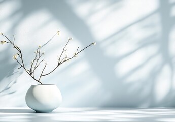 Poster - Minimalist spring blossom branch in white vase against a light blue wall with shadows.