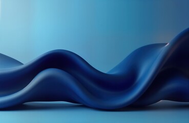 Poster - Dark blue fabric drapes elegantly against light blue background. Flowing fabric creates smooth curves, waves. Abstract design with soft, stylish look. Elegant shape of textile. Modern design. Stylish