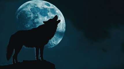  Lone wolf howling at night, full moon, clouds, nature, fantasy art