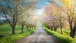 © eaglestudio9 - Scenic Spring Road – Tree-Lined Path with Fresh Green Foliage and Blooming Countryside Landscape