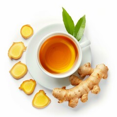 Wall Mural - Steaming cup of herbal tea with fresh ginger root and green leaves on white background