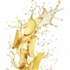 Poster - Ginger root slices are being splashed with juice on a white background