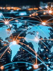 Poster - A creative illustration of interconnected global markets symbolized by glowing nodes on a world map, reflecting insights and opportunities
