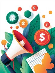 Poster - a minimalist abstract illustration of marketing icons like megaphones, target boards, and dollar sig