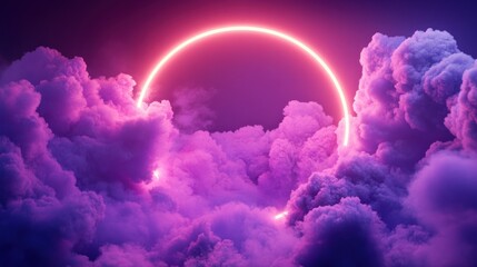 Wall Mural - Neon Circle Glowing Amidst Purple Clouds Dreamy Sky Background