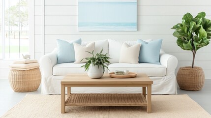 Wall Mural - A living room with a white couch, a coffee table, and a potted plant. The couch is covered in pillows and the coffee table has a vase on it. The room has a beachy vibe with the blue