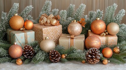 Wall Mural - Festive holiday vibes! wrapped gift boxes, orange and golden ornaments, pine cones, frosted fir branches on a soft beige backdrop, ideal for adding your greeting or advertisement