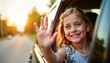 © Pete - Young girl joyfully waves goodbye from car window. Happy child smiles broadly. Outdoor summer scene. Warm sunlight bathes vehicle. Departure moment. Family vacation journey. Cute little passenger