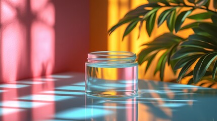 Wall Mural - Glass Jar with Water and Colorful Background with Plants