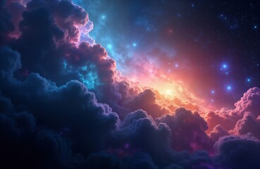 Poster - Fantastic space nebula, galaxy. Huge colorful clouds float in outer space. Stars, bright lights twinkle in deep dark sky. Galaxy glows with vibrant light show. Cosmic landscape full of energy.