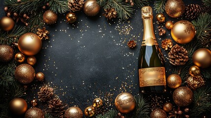 Wall Mural - Festive New Year scene with a champagne bottle surrounded by golden decorations, sparkling ornaments, and the year in elegant numbers on a black background