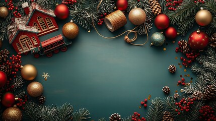 Wall Mural - Festive New Years readiness captured from a top view red and gold baubles, a train, a house, tree toys, a spool of rope, mistletoe, and confetti on a green backdrop offering space for text or ads