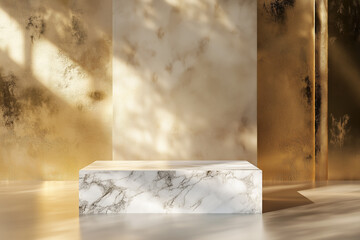 3D render minimalistic of produt presentation of  marble podium stand on gold background. Generative Ai.

