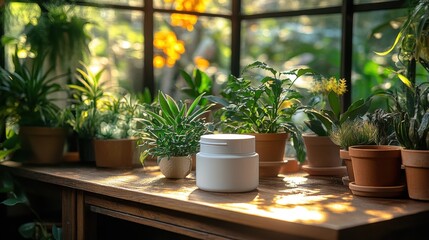 Poster - Fresh Green Plants in Bright Sunlit Greenhouse with Cream Jar