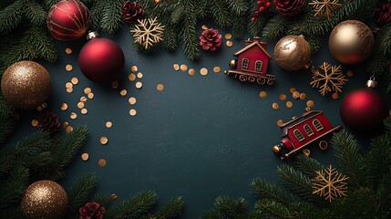 Wall Mural - Festive preparations are underway! This top view captures charming red and gold ornaments, train and house-shaped tree decorations, and confetti on a green surface, ideal for holiday greetings