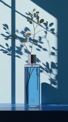 Poster - Elegant glass bottle with blue liquid and delicate plant shadow