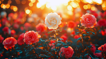 Sticker - Stunning Sunset Rose Garden: A breathtaking view of vibrant roses bathed in the golden light of sunset.