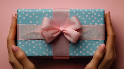 Wall Mural - glimpse of a womans hands interacting with a pastel blue gift box featuring polka dots and an enchanting pink ribbon bow, set against a pastel pink background for your text or advert.