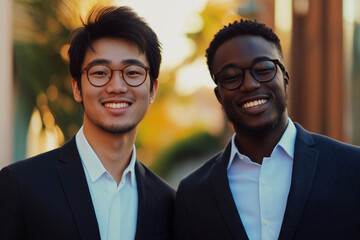 photo of two young business men in suits smiling into the camera at work in the office in finance.