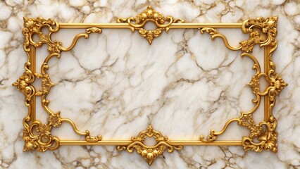 elegant golden frame on a marble background with intricate patterns and ornate details, set against 