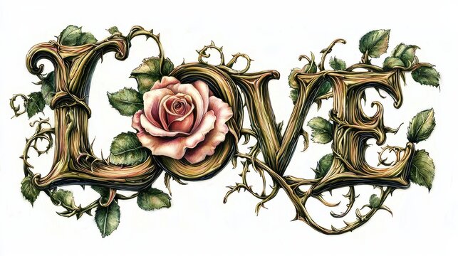 An artistic representation of LOVE symbolized by intertwined roses and delicate vines.