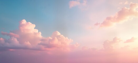 Poster - Pastel pink and light blue sky panorama. Fluffy clouds. Sunrise or sunset light. Beautiful colors. Soft light. Dreamy mood. High above. Ideal nature background. Romantic atmosphere. Calm sky.