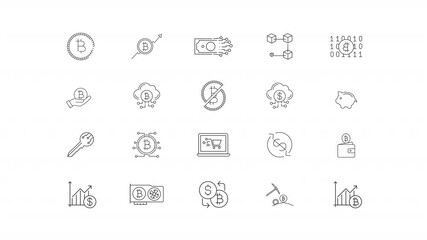 Poster - Cryptocurrency industry animation set. E finance network animated line icons. Bitcoin mining technology. Black illustrations on white background. HD video with alpha channel. Motion graphic