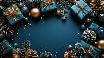 Wall Mural - Gleaming Noel spectacle. shimmering blue and gold parcels, baubles, ribbons, sequins, and frosted fir needles on a sumptuous blue backdrop, allowing room for your custom text or promo message