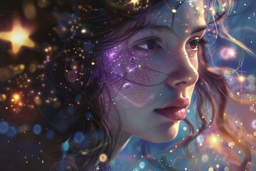 Wall Mural - portrait of a young woman with stardust on her face, symbolizing the connection between humanity and
