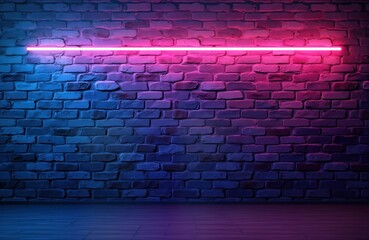 Poster - Neon purple, blue light illuminates brick wall. Stylish urban aesthetic. High-resolution photo aged brickwork texture. Modern design element. Suitable for architectural visualization product display.