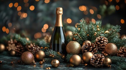 Wall Mural - Golden Christmas ornaments and a champagne bottle symbolize celebration and joyous moments. The arrangement is perfect for festive occasions, conveying elegance and festive spirit