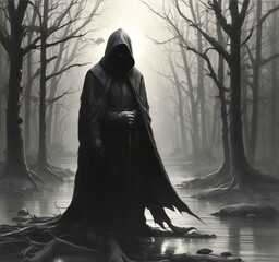 Illustration of hodded person in dark woods.