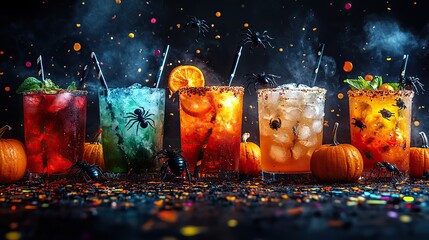 Wall Mural - Halloween drinks Glasses with drinks, floating spiders, straws, a skeleton hand, pumpkins, centipedes, cockroaches, and confetti on black