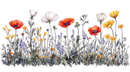 Sticker - Watercolor Wildflowers: Poppies, Buttercups & Lavender Meadow Painting - Floral Art Print