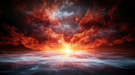 Aufkleber - Fiery sunset sky over calm waters nature scene digital art atmospheric view concept of tranquility and chaos