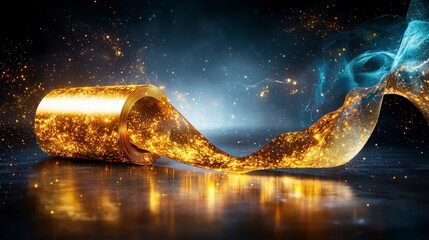 Aufkleber - Glowing gold plane unrolls across space abstract digital art cosmic environment dynamic viewpoint futuristic concept
