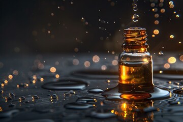 Poster - Small bottle spilling essential oil on wet surface creating beautiful bokeh effect and droplets