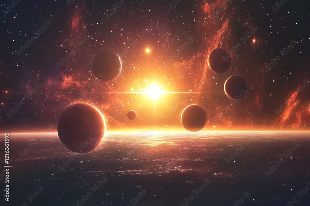 Cosmic scene with multiple planets and a radiant star at the center ...