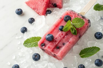 A refreshing watermelon popsicle with blueberries and mint leaves on a bed of ice, mint leaves, freshwatermelon, herbal flavors, refreshing drinks