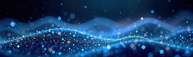 Poster - Abstract blue tech background shows data flow. Dynamic network of glowing dots, squares. Suggests future tech ideas, global connectivity. Modern design. Suitable for presentation backgrounds, web