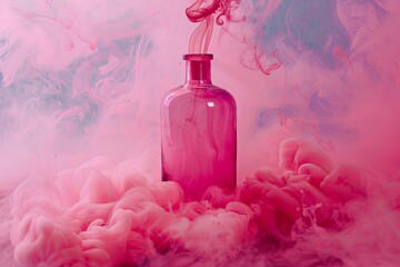 Poster - Pink smoke is coming out of a glass bottle, creating an abstract, artistic scene with vibrant colors