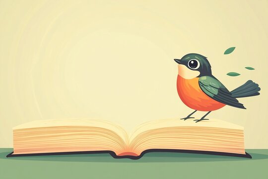 Illustration of open book with blank pages, a bird perched on top of it.