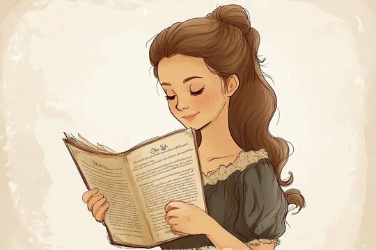 young and beautiful girl with her hair half up, reading poetry.