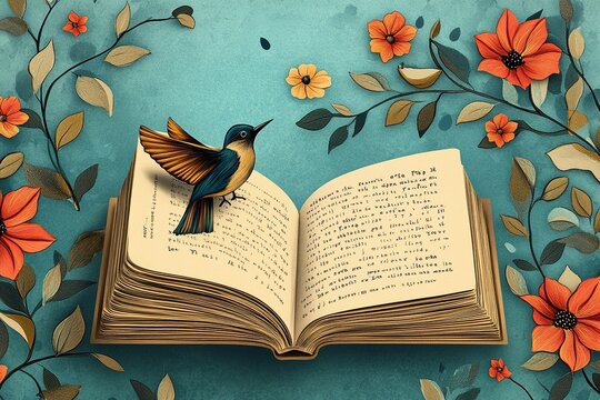 open book with its pages written, a little bird leaning on it. National Poetry Month