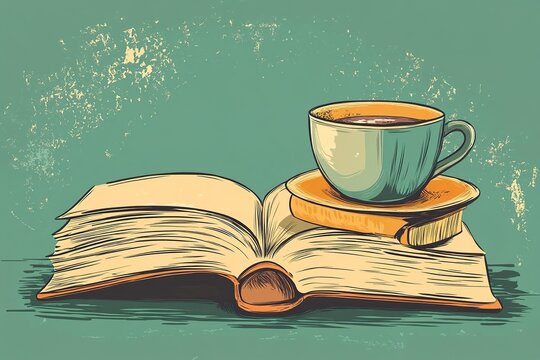 open book on a table, on top of it a cup of coffee.