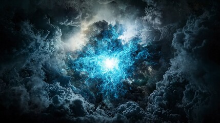Leinwandbilder - Cobalt blue light erupts through dark clouds abstract art digital creation mystical environment dramatic viewpoint