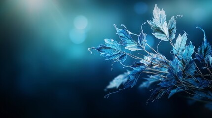 Poster - Swaying leaves dance in cerulean blue light nature scene close-up tranquil environment artistic viewpoint