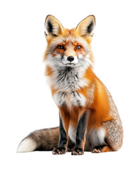 Majestic red fox sits gracefully against a bright backdrop, showcasing its vibrant fur and keen gaze in nature's embrace isolated on transparent background